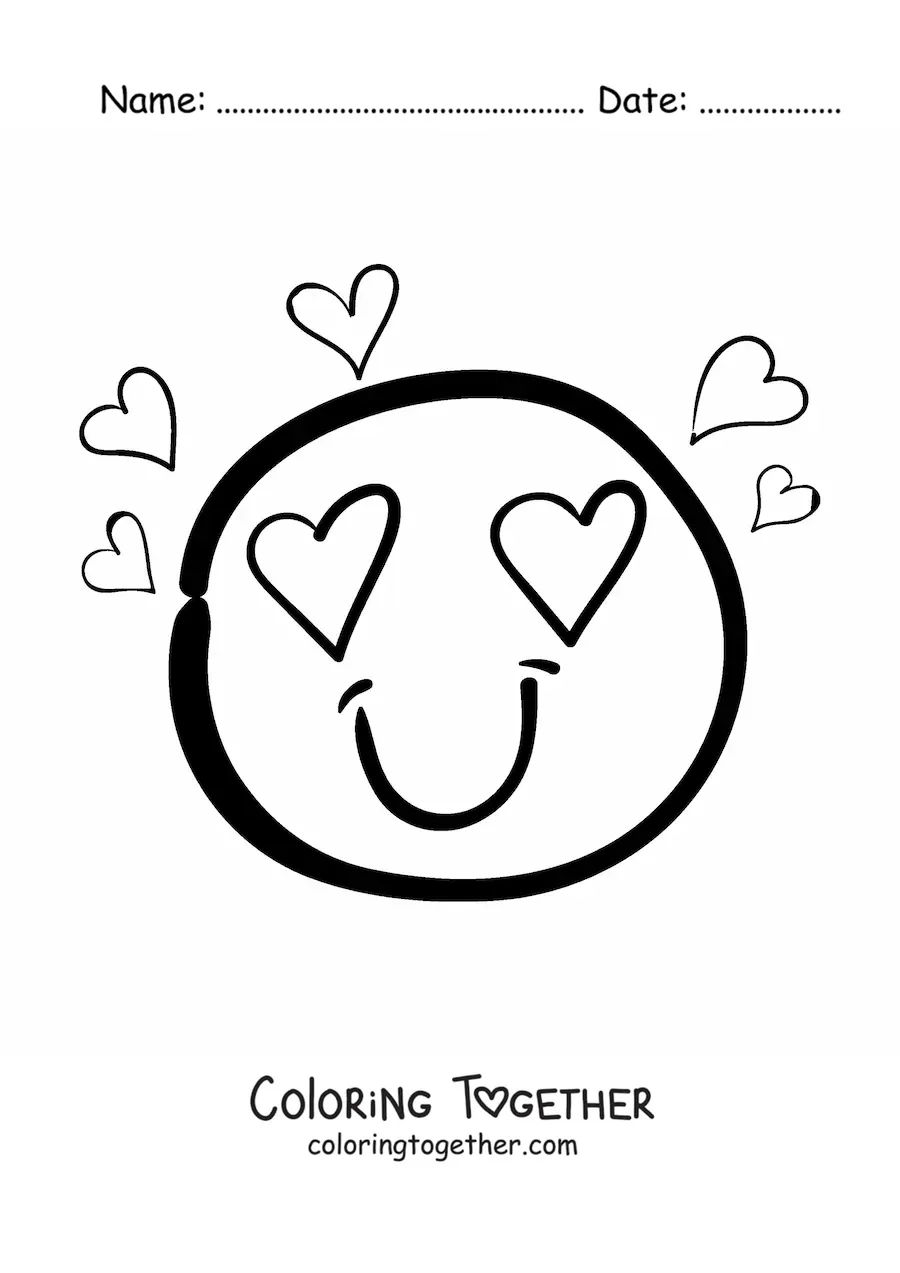 Coloring page of an emoji in love with heart eyes and hearts all around