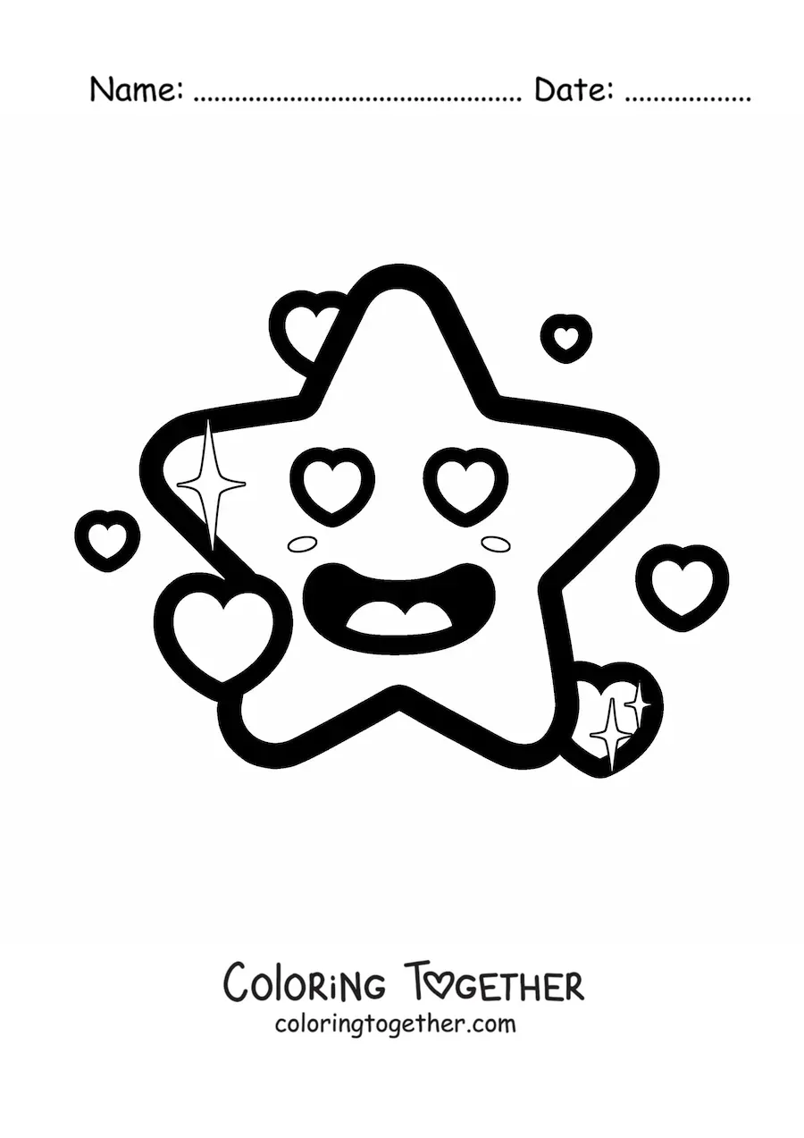 Coloring page of an easy star emoji in love with hearts