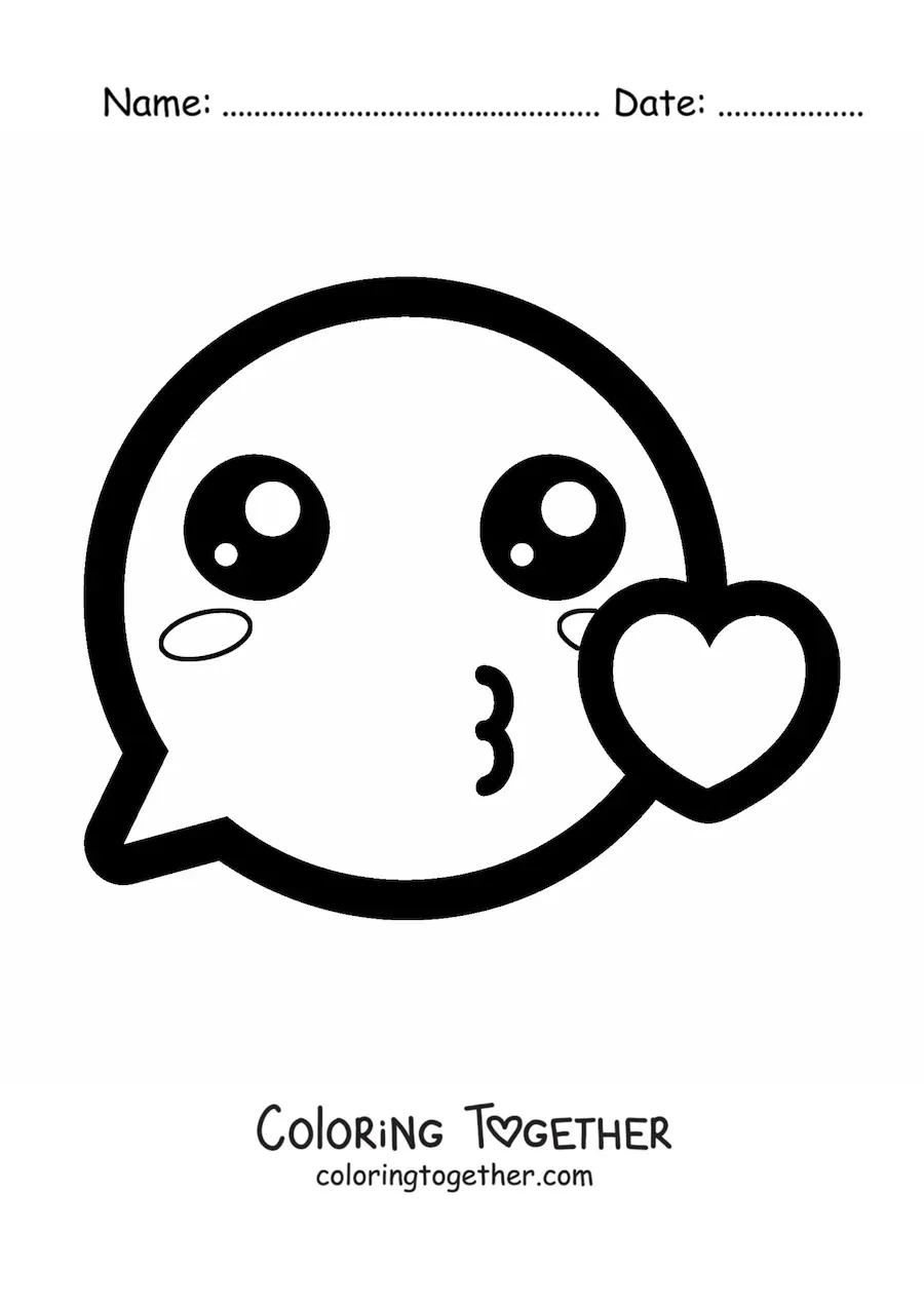 Coloring page of a kawaii emoji in love blowing a kiss