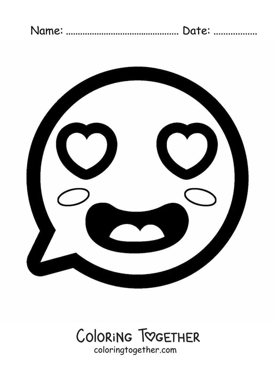 Coloring page of a kawaii emoji in love with heart eyes