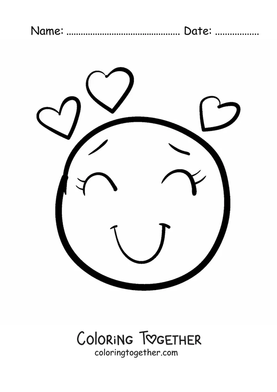 Coloring page of a smiling face emoji in love with hearts