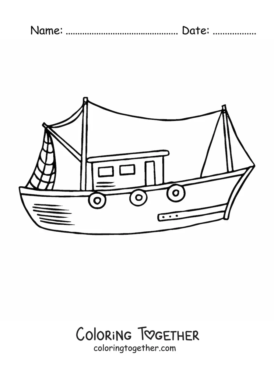 Coloring page of a fishing boat