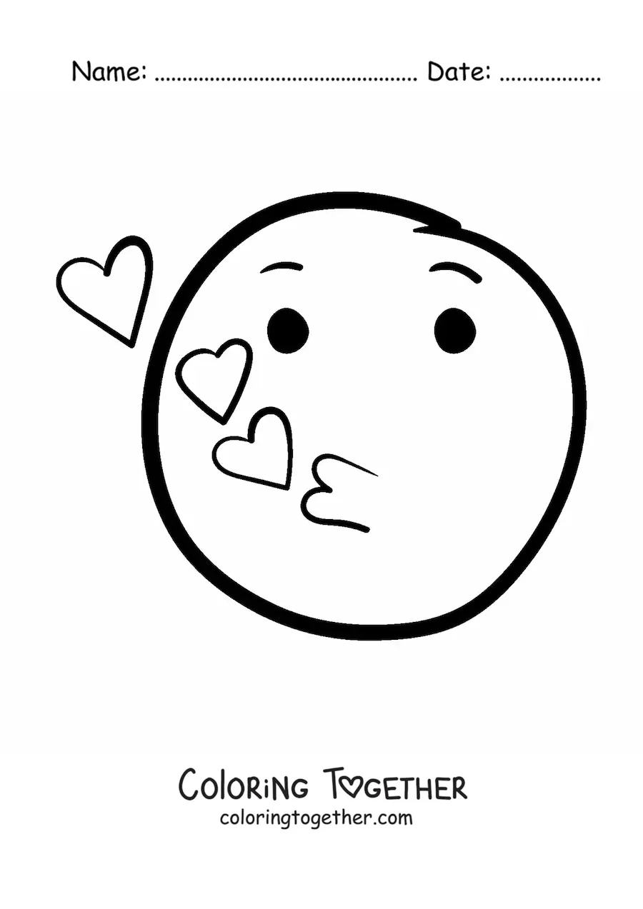 Coloring page of a face emoji blowing kisses