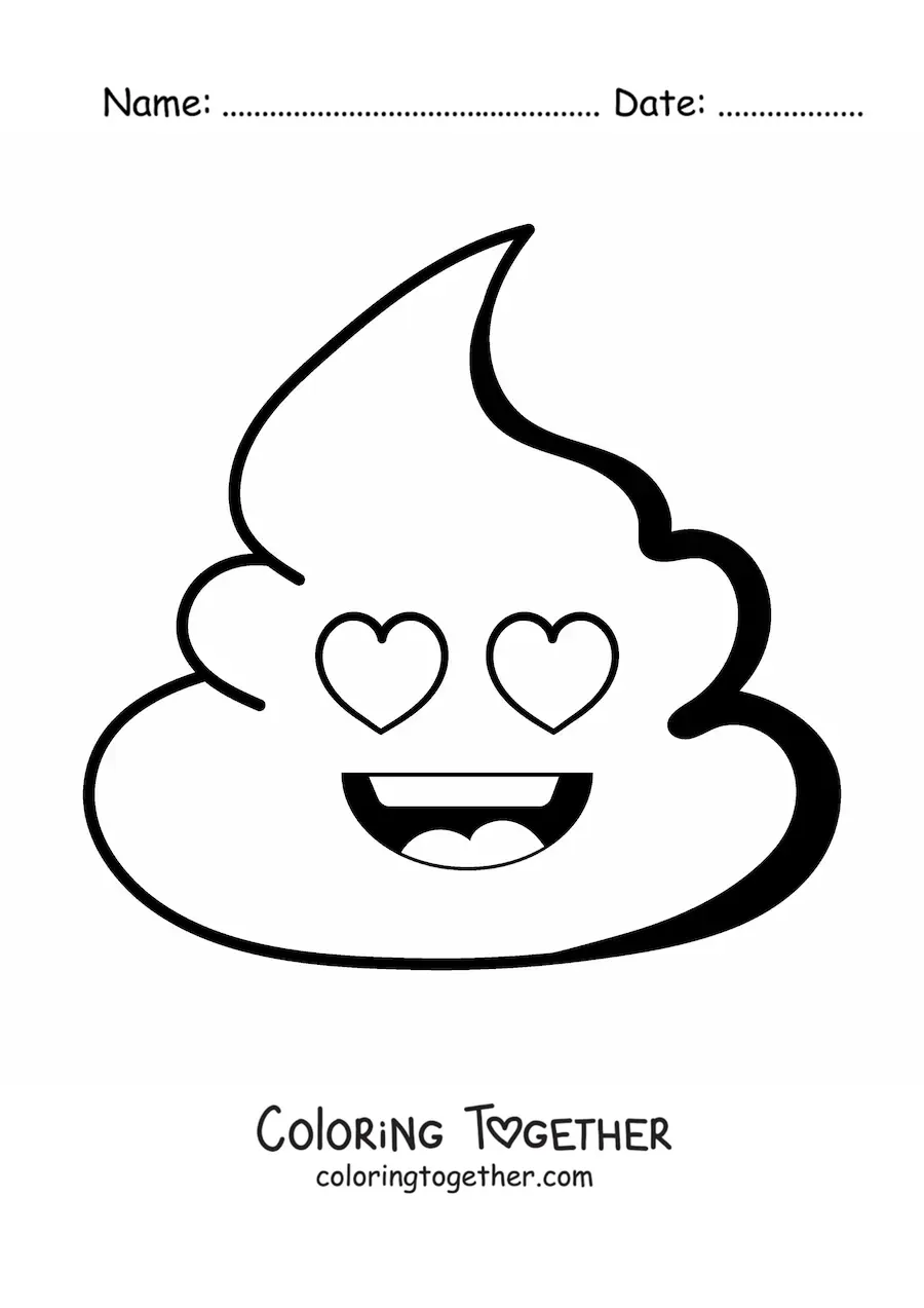 Coloring page of a smiling poop emoji in love