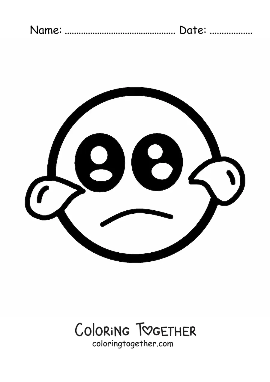 Coloring page of a sad kawaii emoji with tears