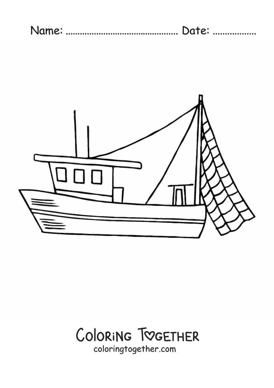 Coloring page of a fishing boat with a net