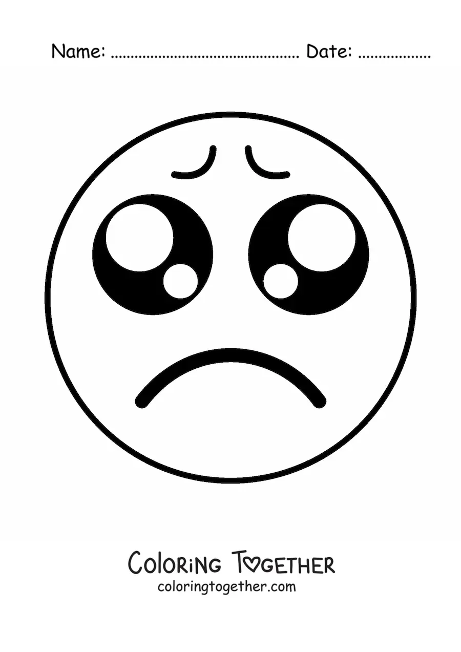 Coloring page of a sad kawaii emoji with big eyes