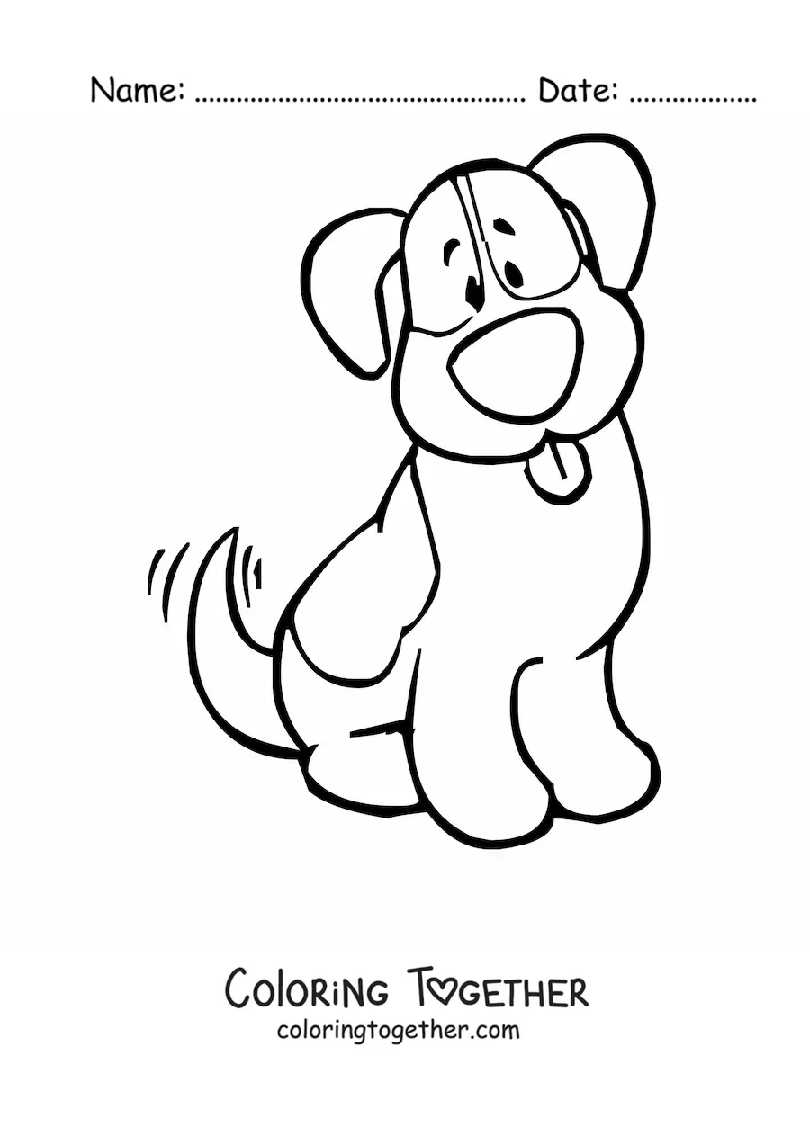 Coloring page of a cartoon spotted dog sitting and wagging its tail