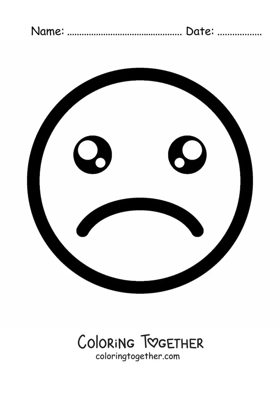 Coloring page of a sad kawaii emoji with teary eyes