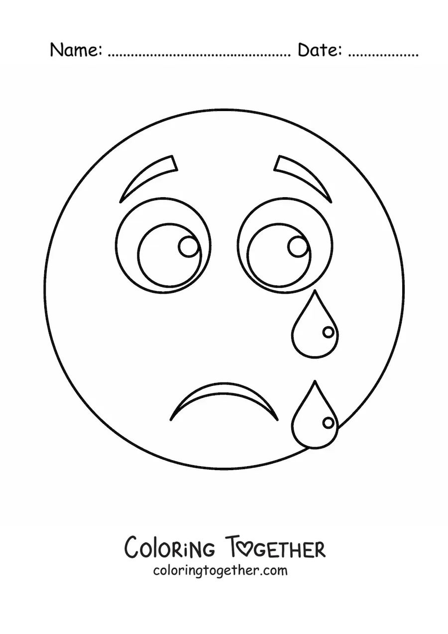 Coloring page of a crying face emoji with tears