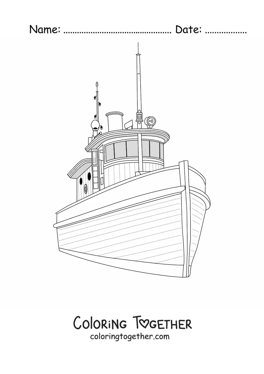 Coloring page of a tugboat seen from the front