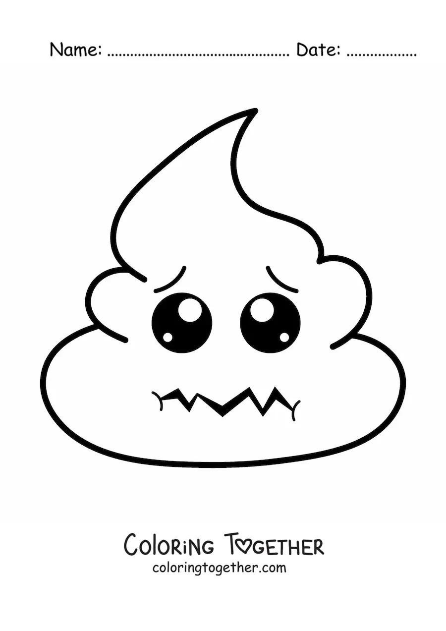 Coloring page of an animated scared poop emoji