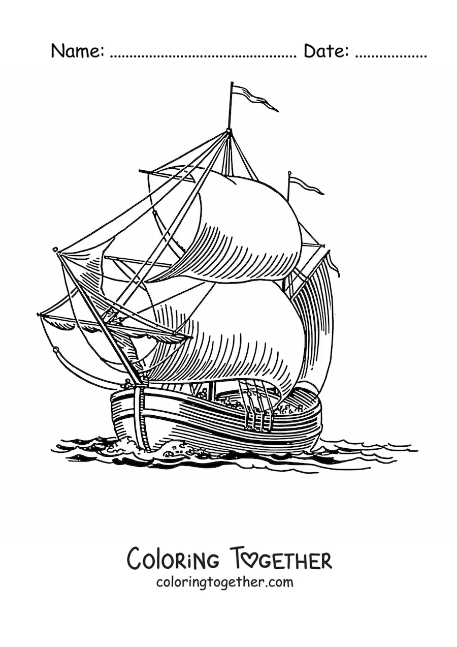 Coloring page of a boat at sea