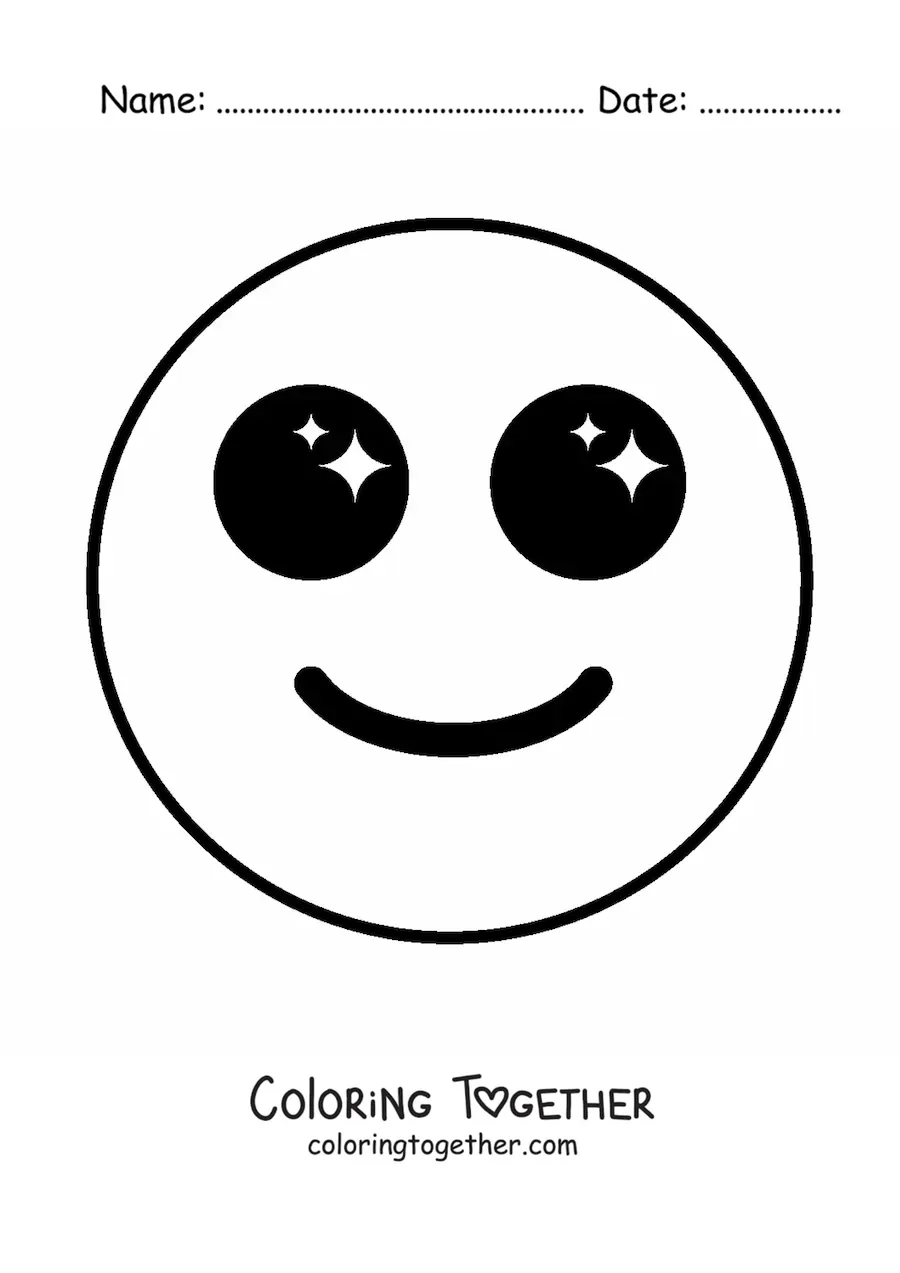 Coloring page of a happy emoji with big eyes