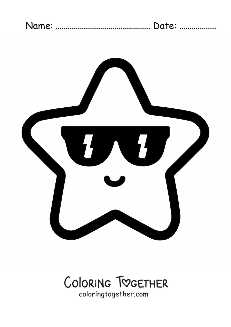 Coloring page of a happy star emoji with sunglasses