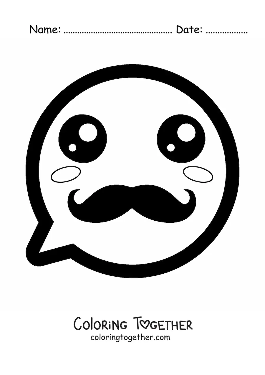 Coloring page of a smiling kawaii emoji with a mustache