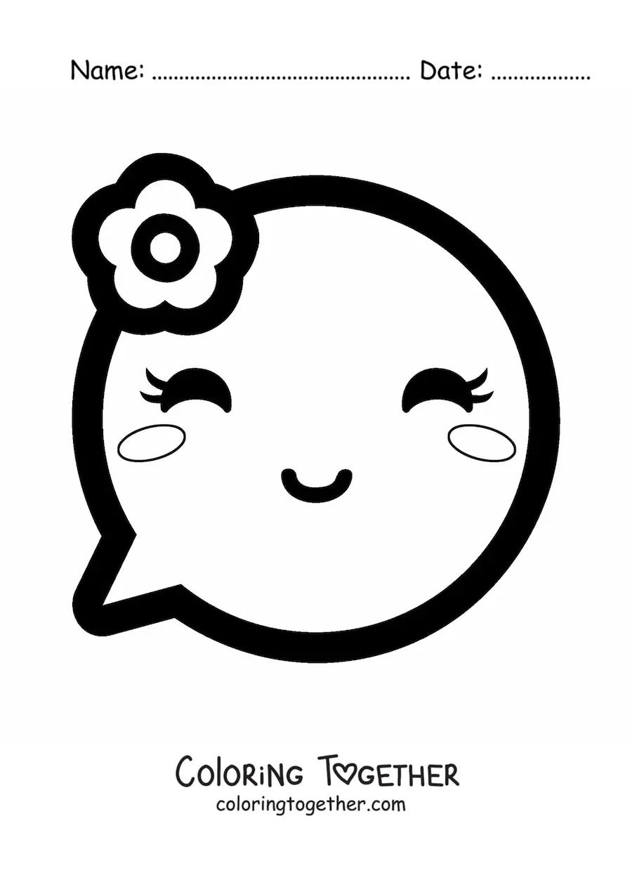 Coloring page of a smiling kawaii emoji with a flower