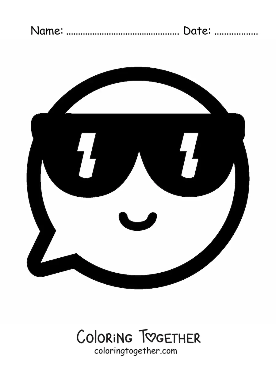 Coloring page of a smiling kawaii emoji with sunglasses