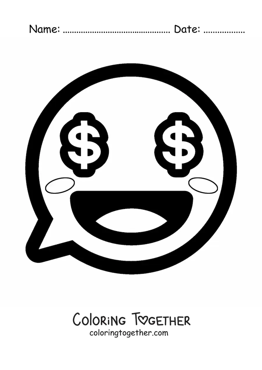 Coloring page of a smiling kawaii emoji with money eyes