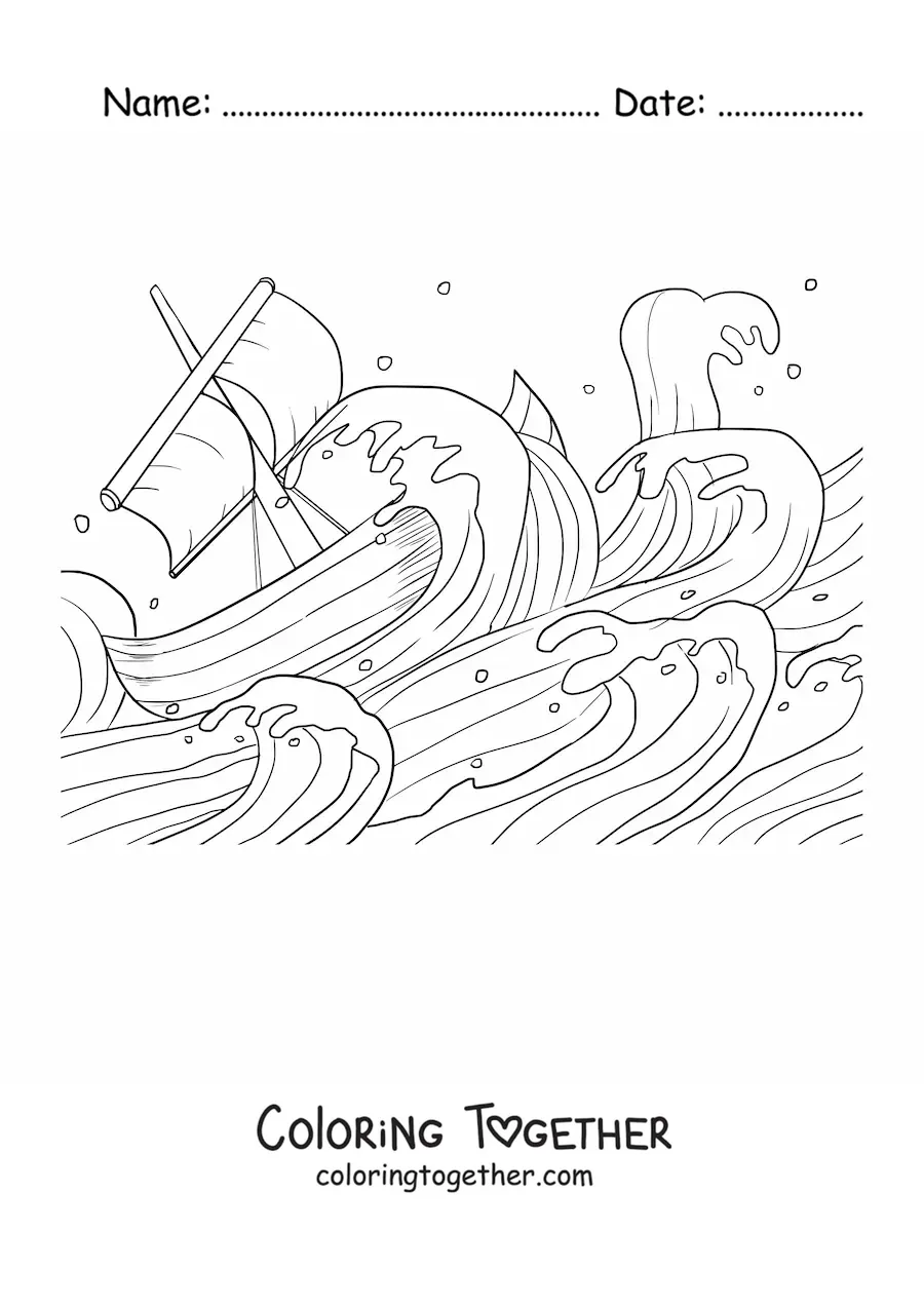 Coloring page of a boat in the middle of a storm