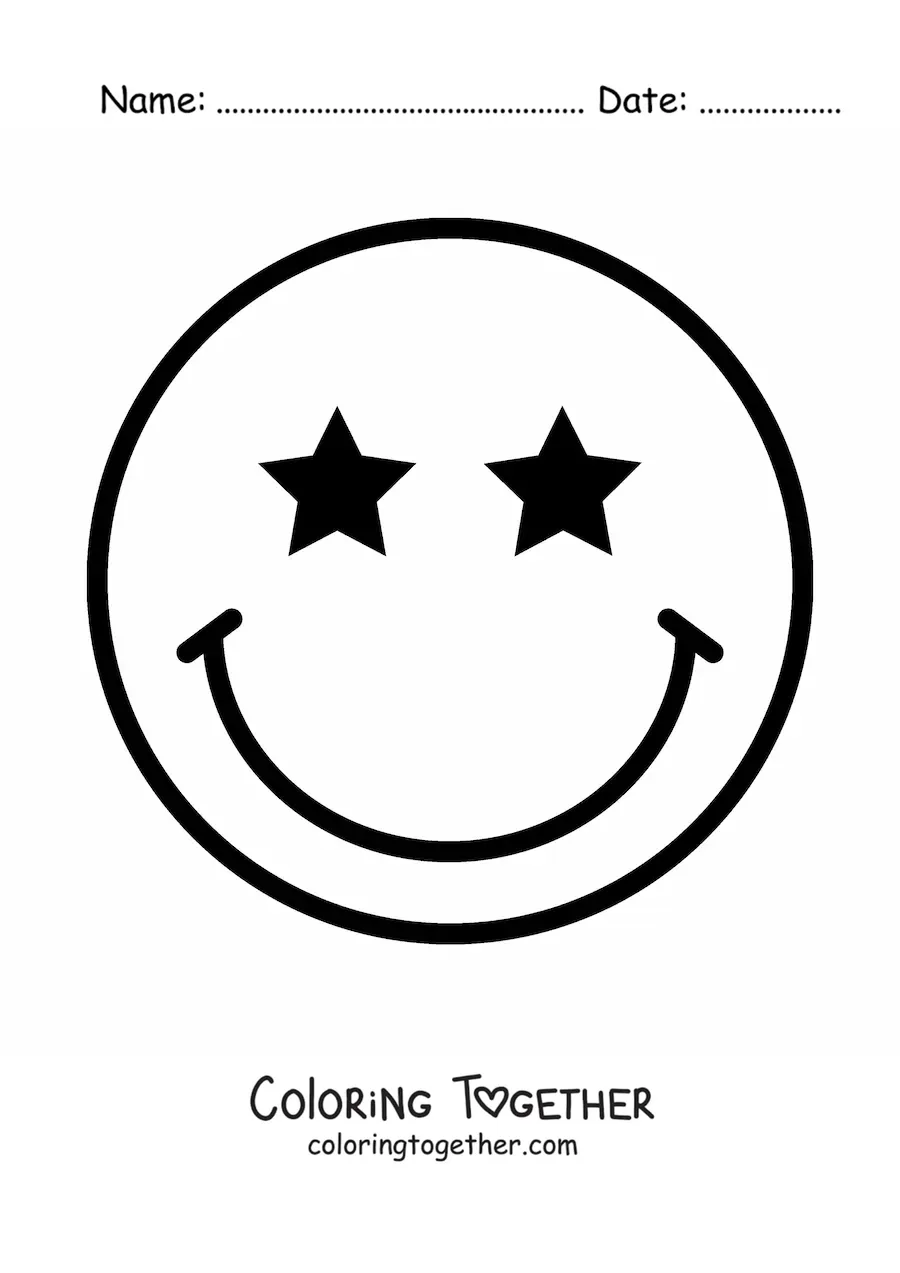 Coloring page of a big happy face with star eyes