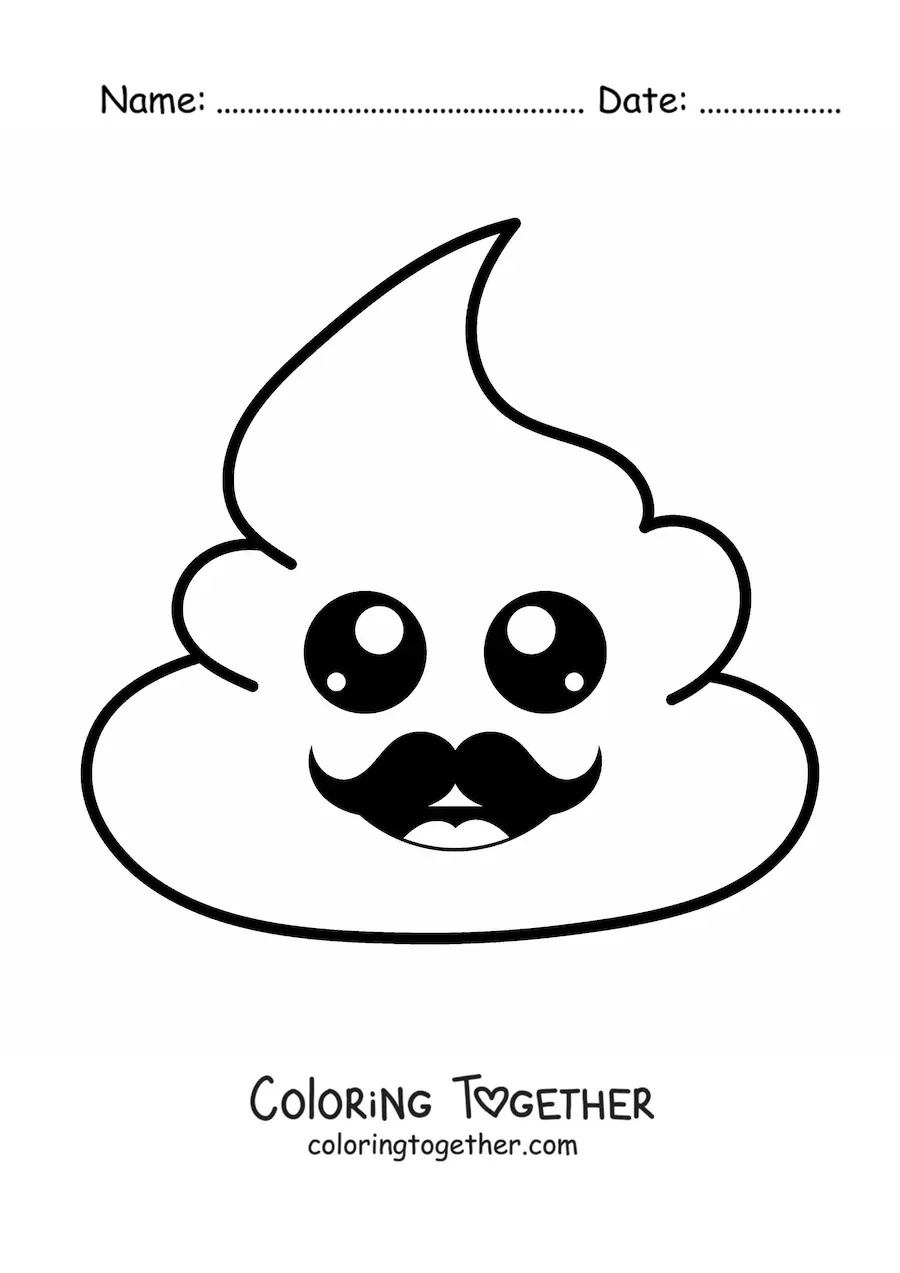 Coloring page of a happy poop emoji with a mustache