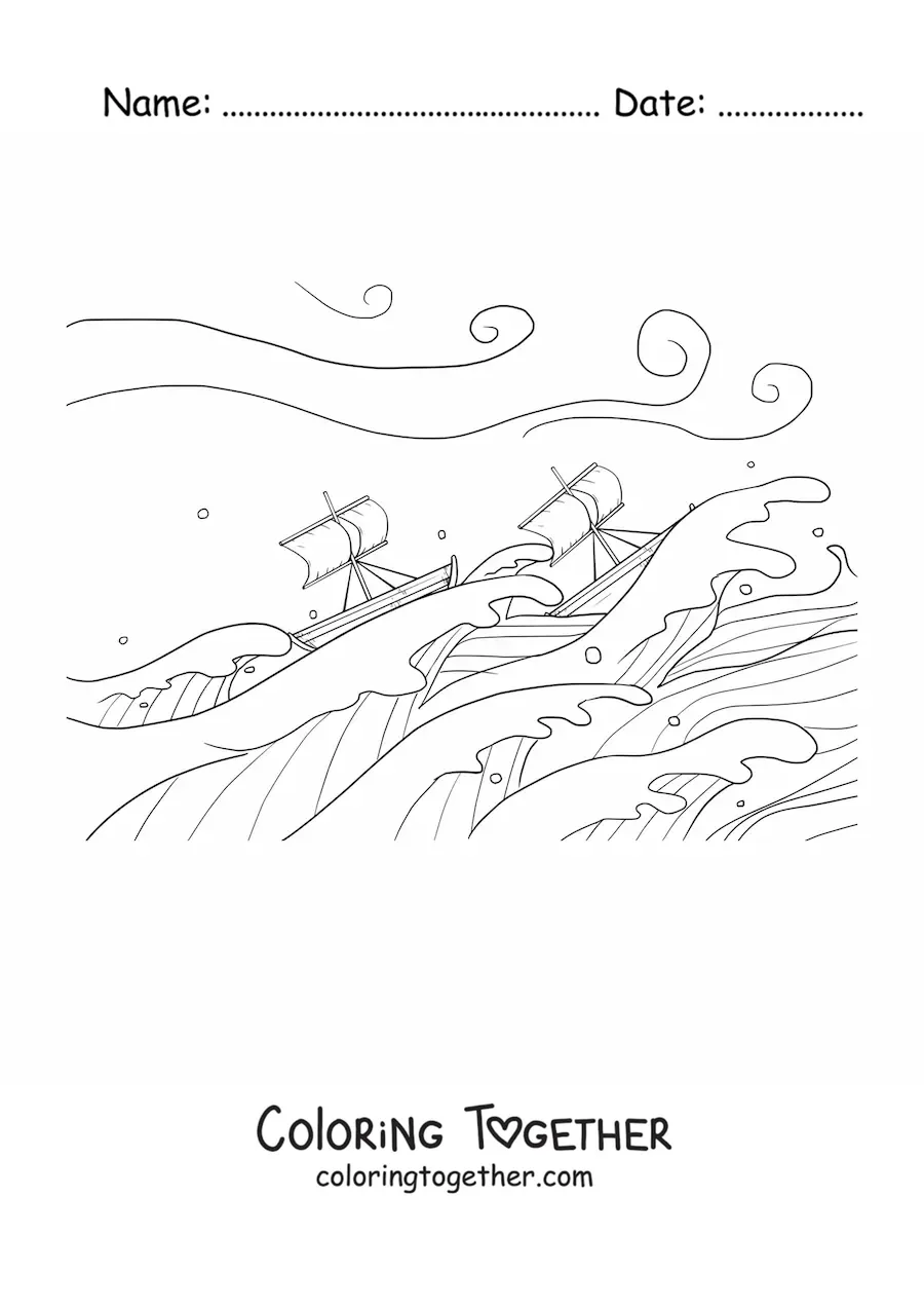 Coloring page of two boats in the middle of a storm