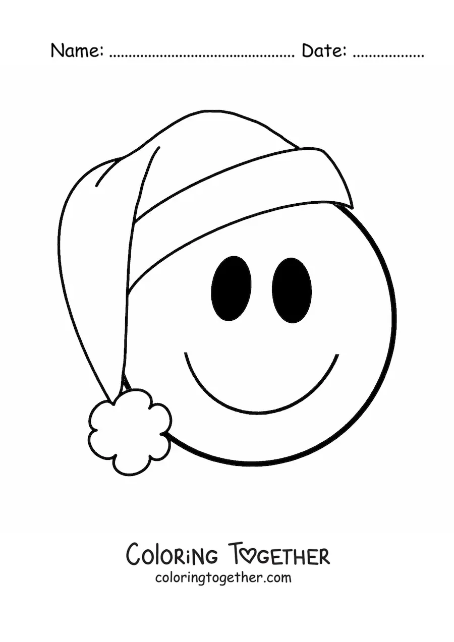 Coloring page of a happy face emoji with a Christmas hat