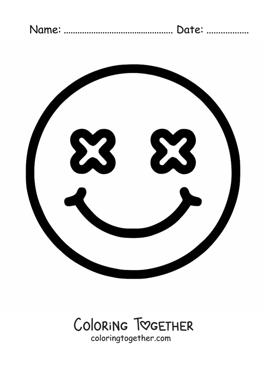 Coloring page of a happy face emoji with X-shaped eyes
