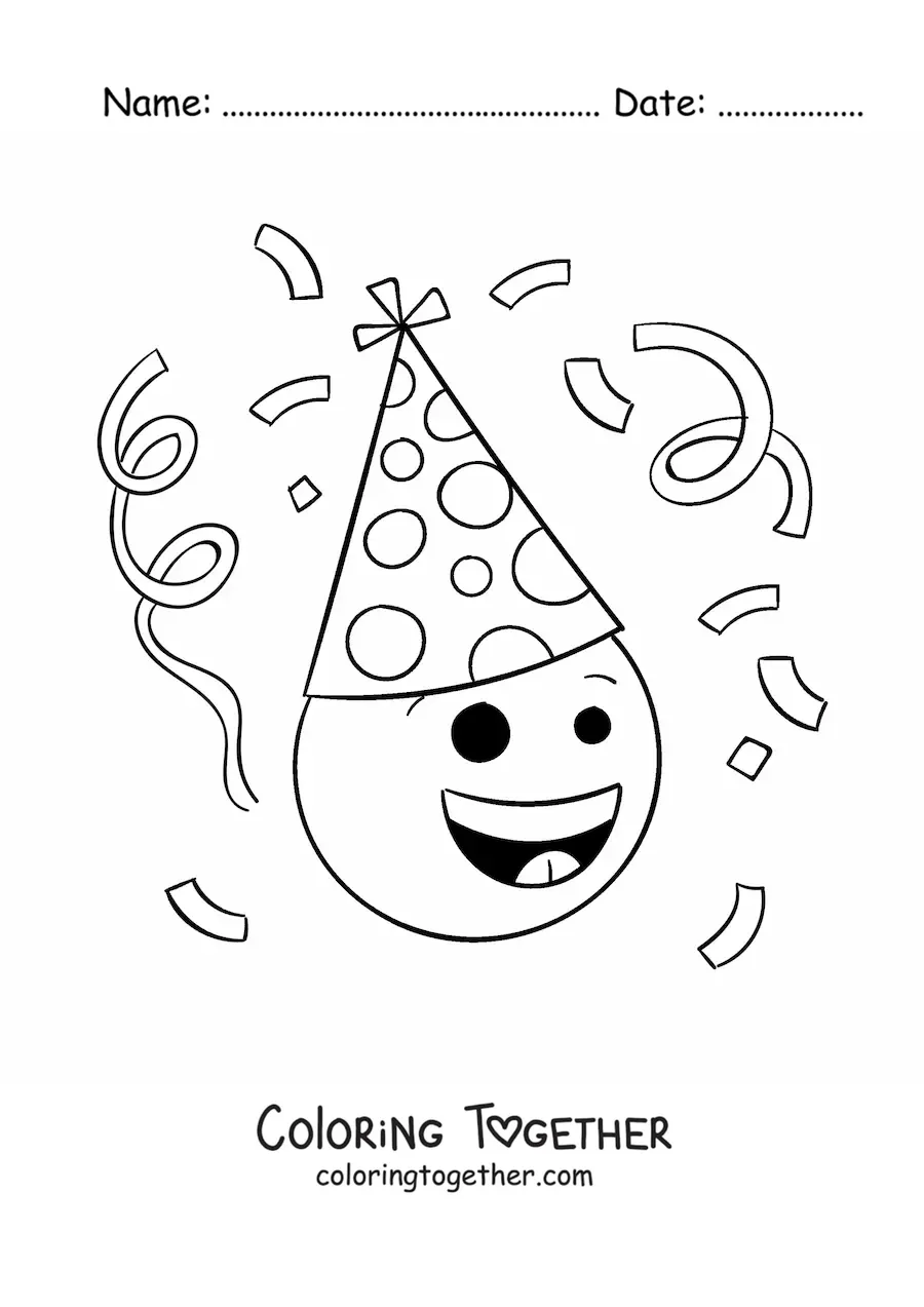 Coloring page of an animated birthday emoji