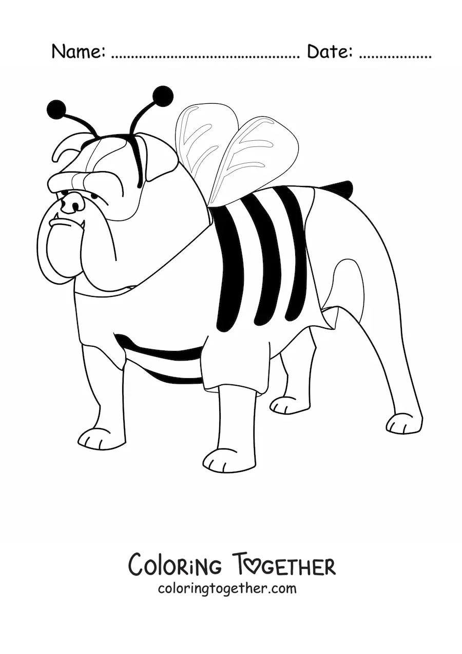 Coloring page of a bulldog dressed as a bee