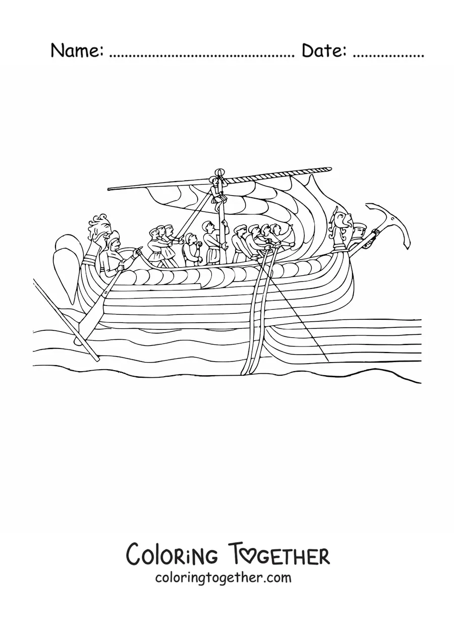 Coloring page of an old ship with crew members at sea