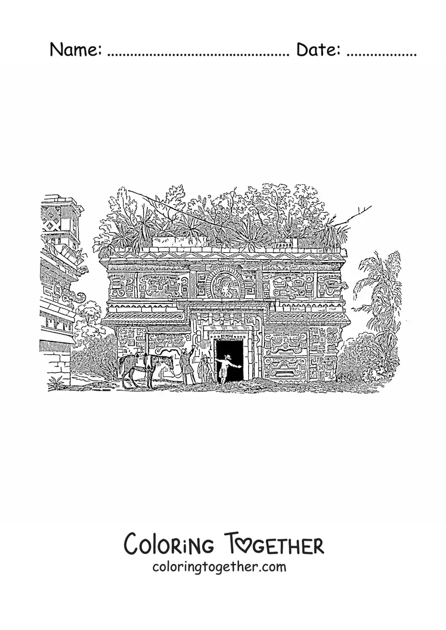 Coloring page of a realistic Mayan building