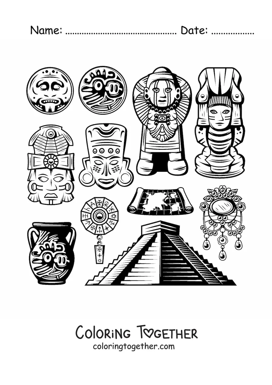 Coloring page of a Mayan pyramid and art