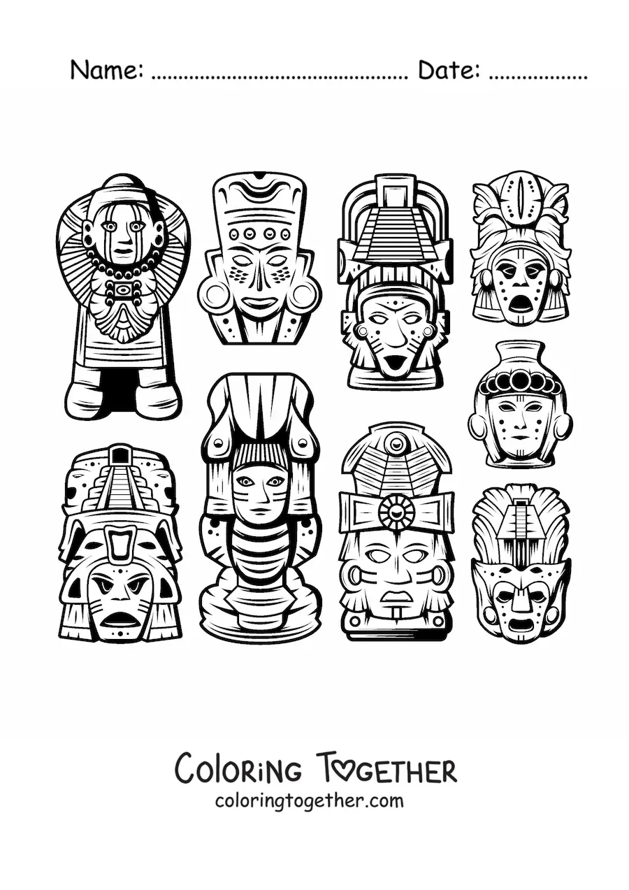Coloring page of Mayan masks and crafts