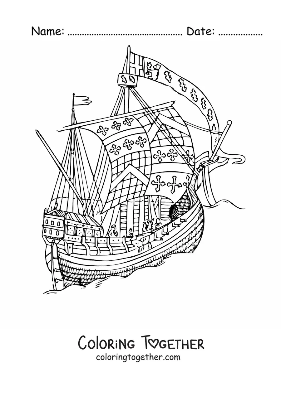 Coloring page of an old ship at sea with crosses on the sails