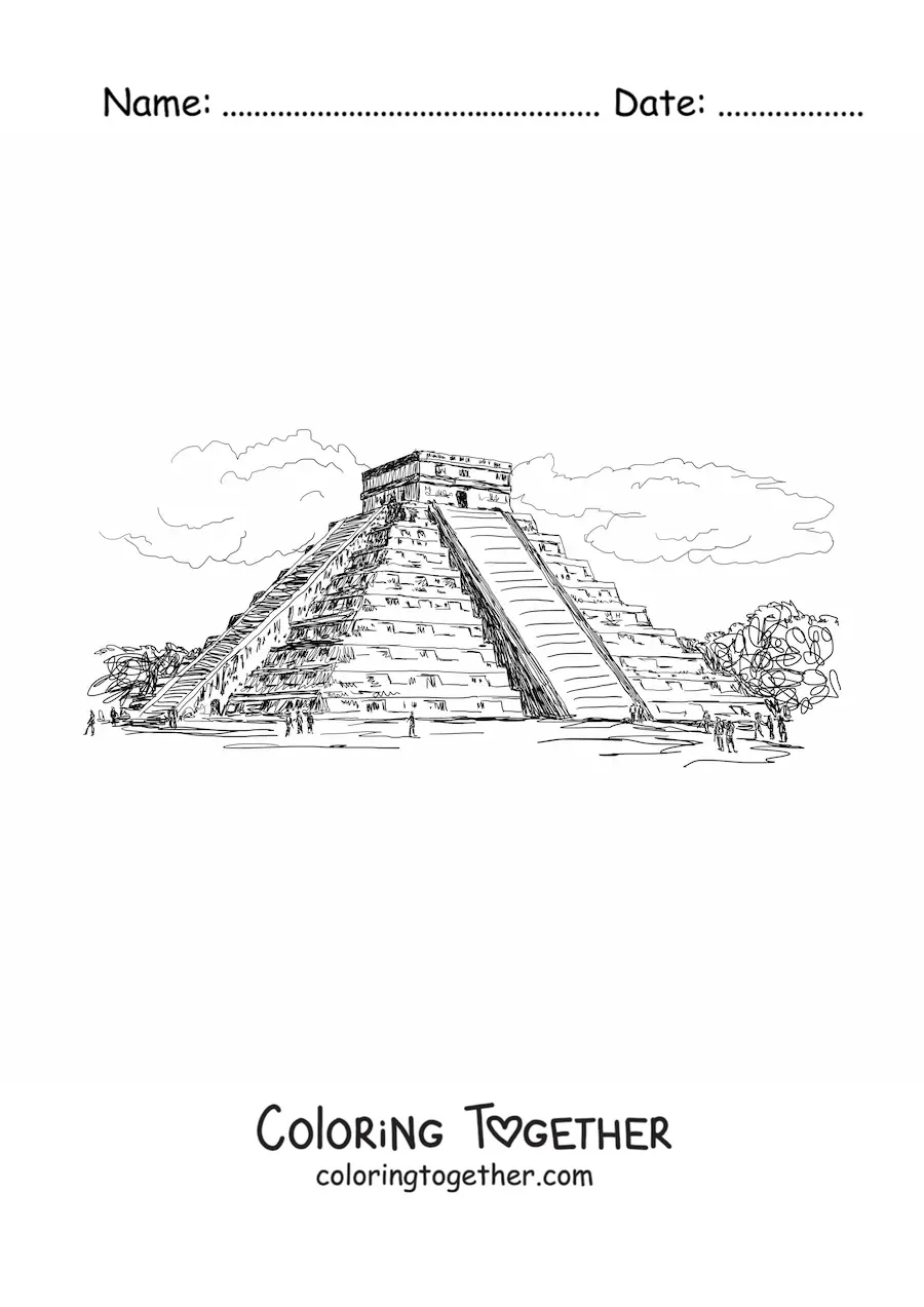 Coloring page of the Temple of Kukulkan at Chichen Itza