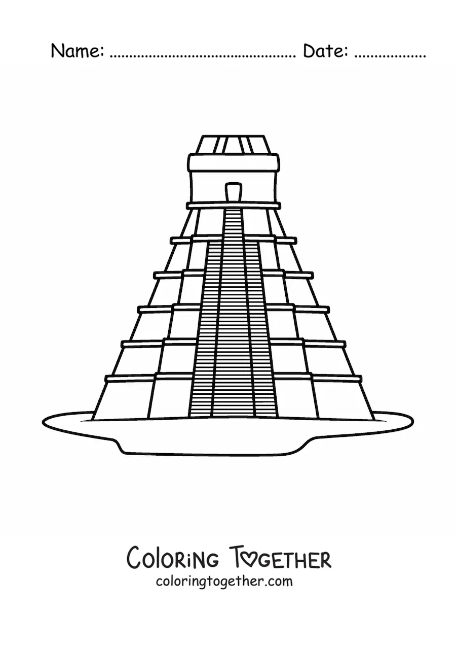 Coloring page of a Mayan pyramid