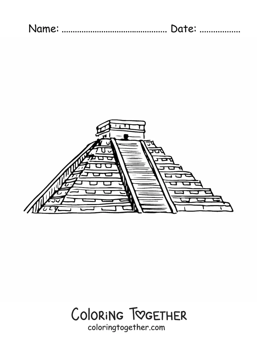 Coloring page of a Mayan pyramid at Chichen Itza
