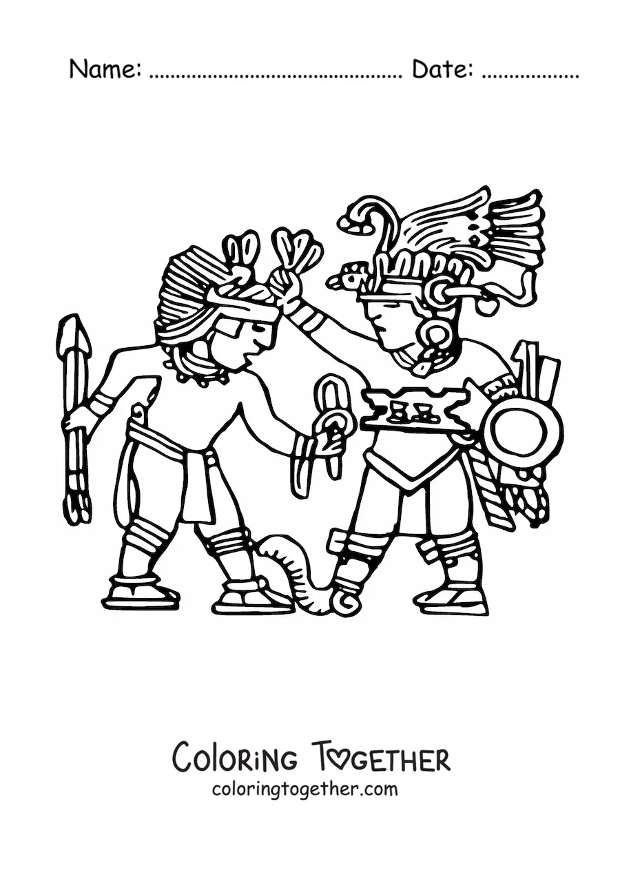 Coloring page of an Aztec warrior
