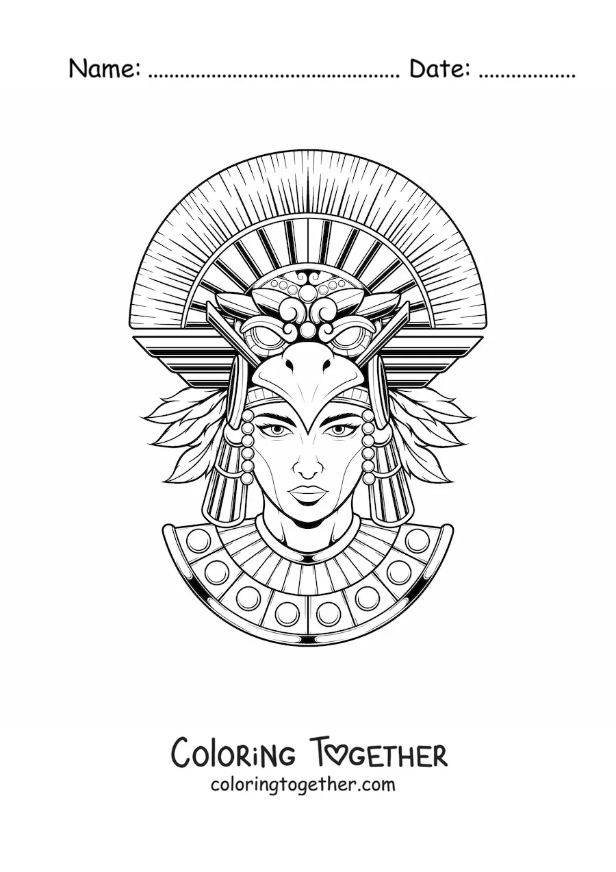 Coloring page of a woman with an Aztec headdress