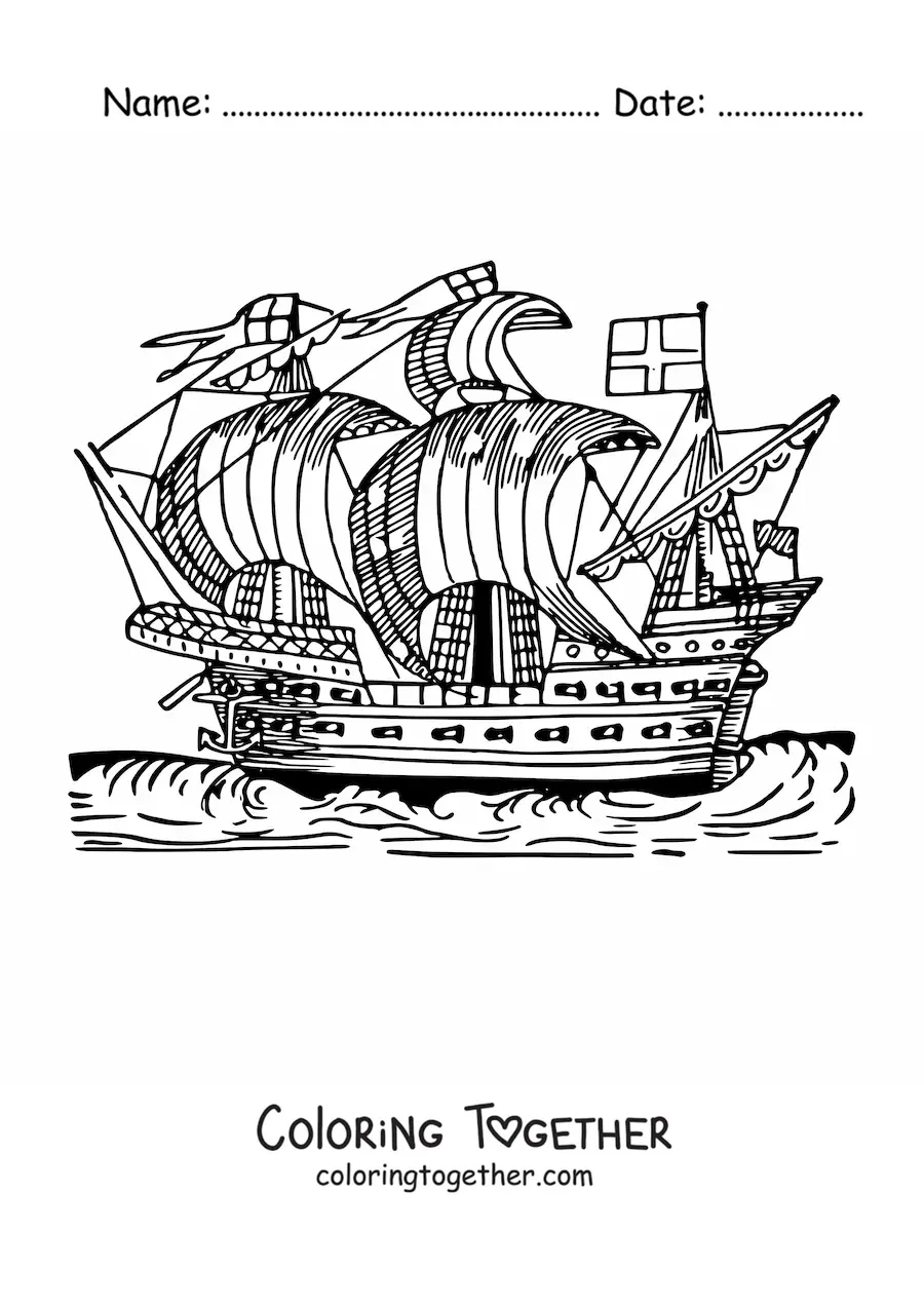Coloring page of an old ship at sea
