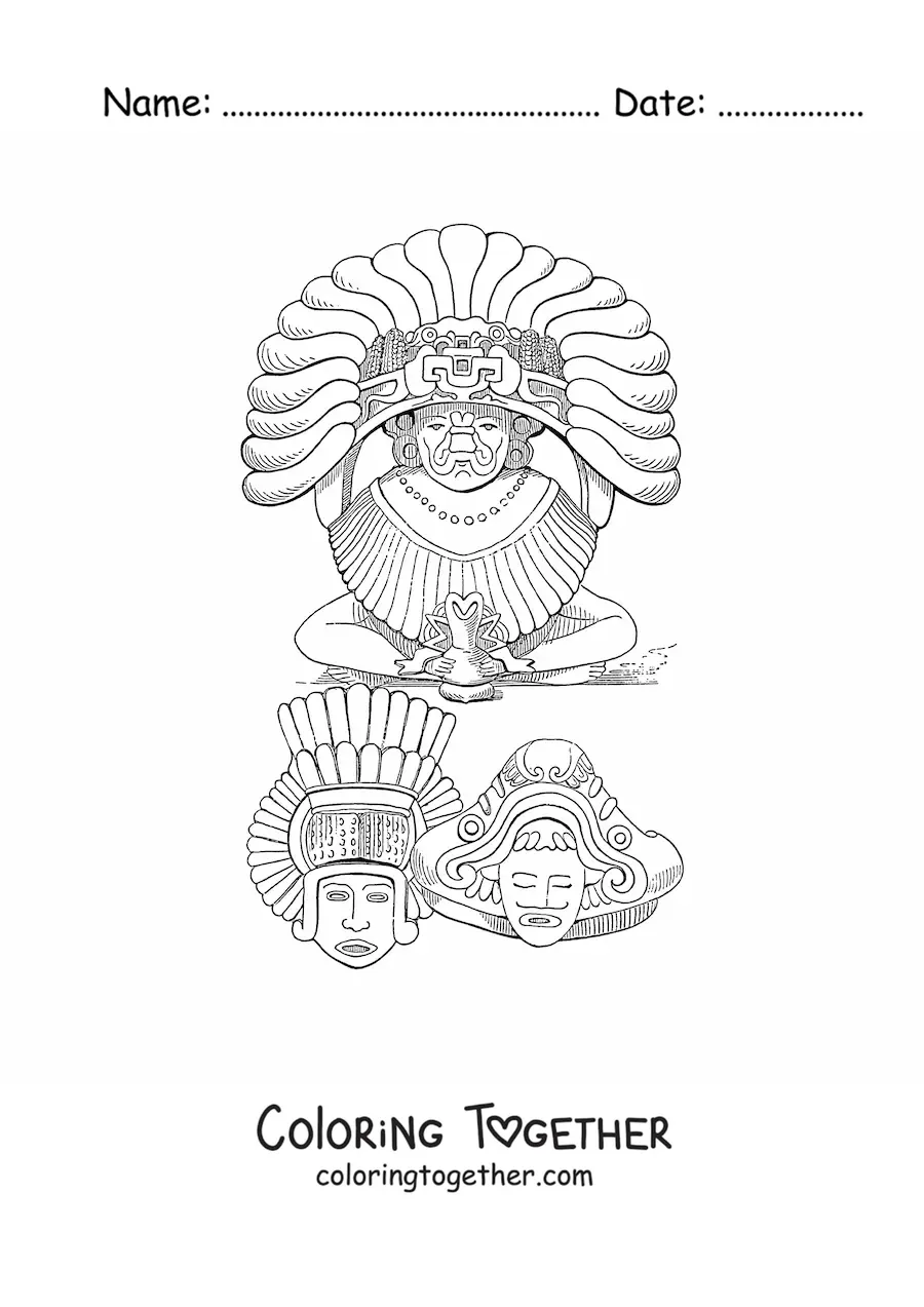 Coloring page of Aztec sculptures