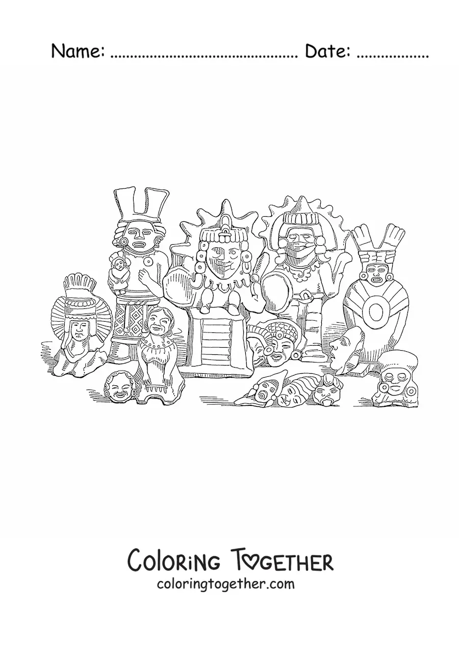 Coloring page of Aztec clay figures