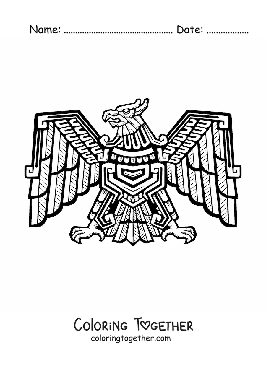 Coloring page of an Aztec eagle sculpture