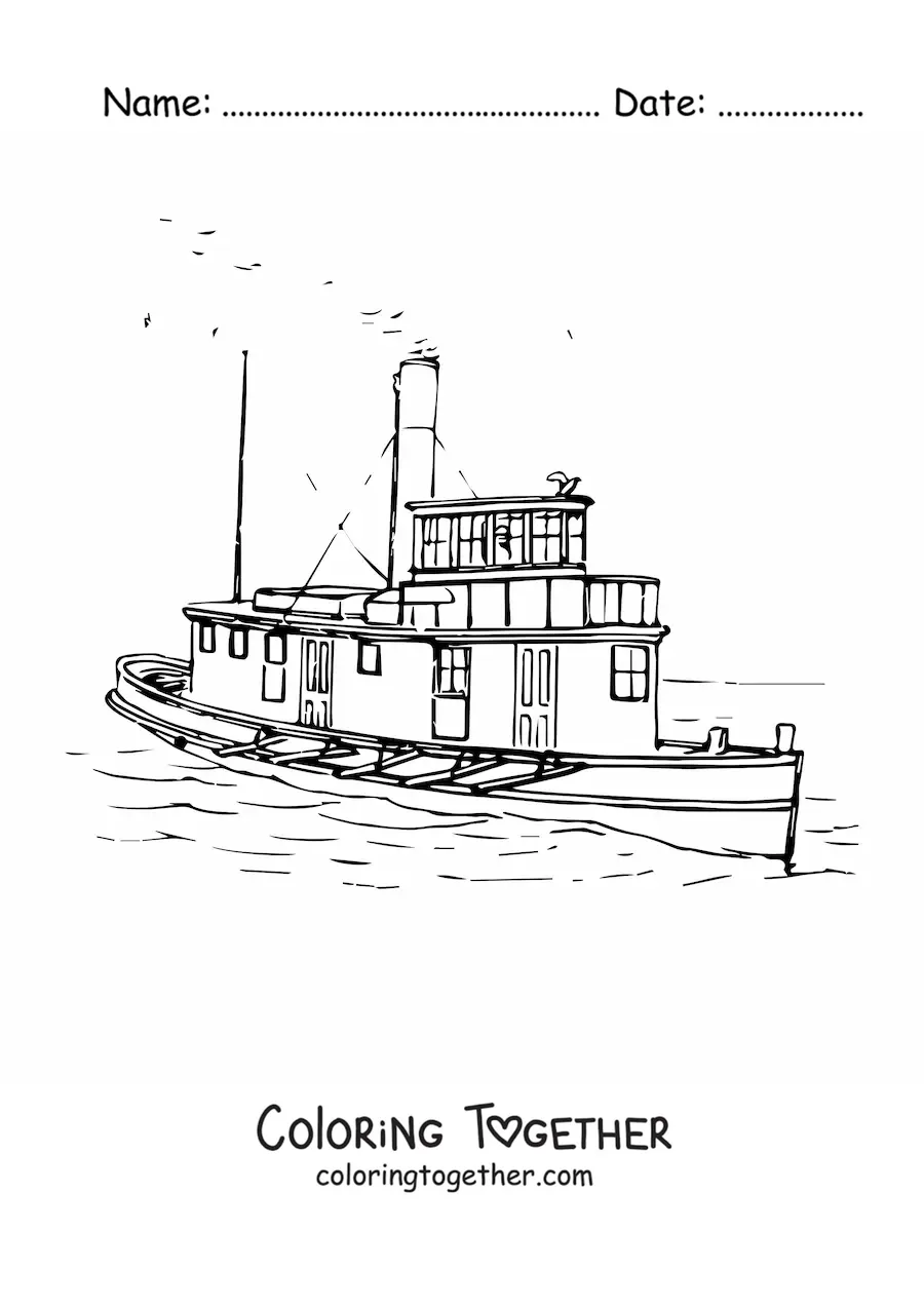 Coloring page of a steam tugboat at sea
