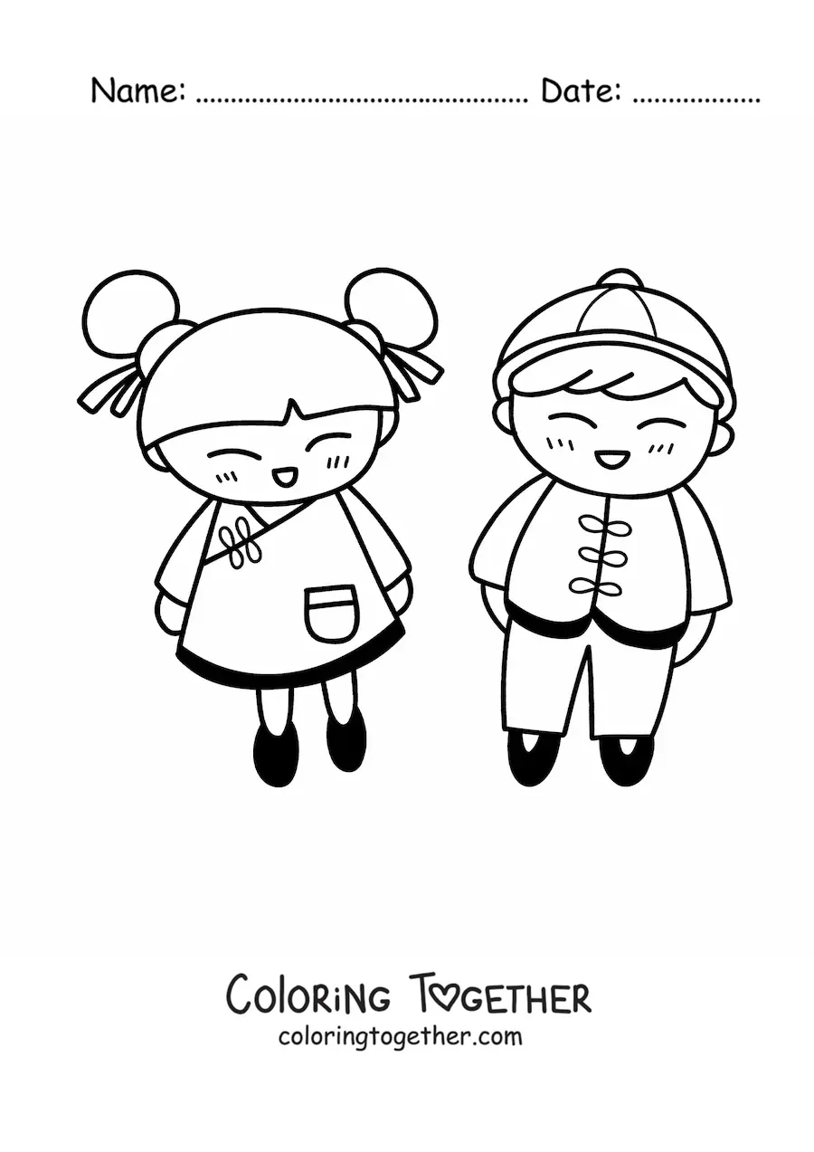 Coloring page of kawaii Chinese children