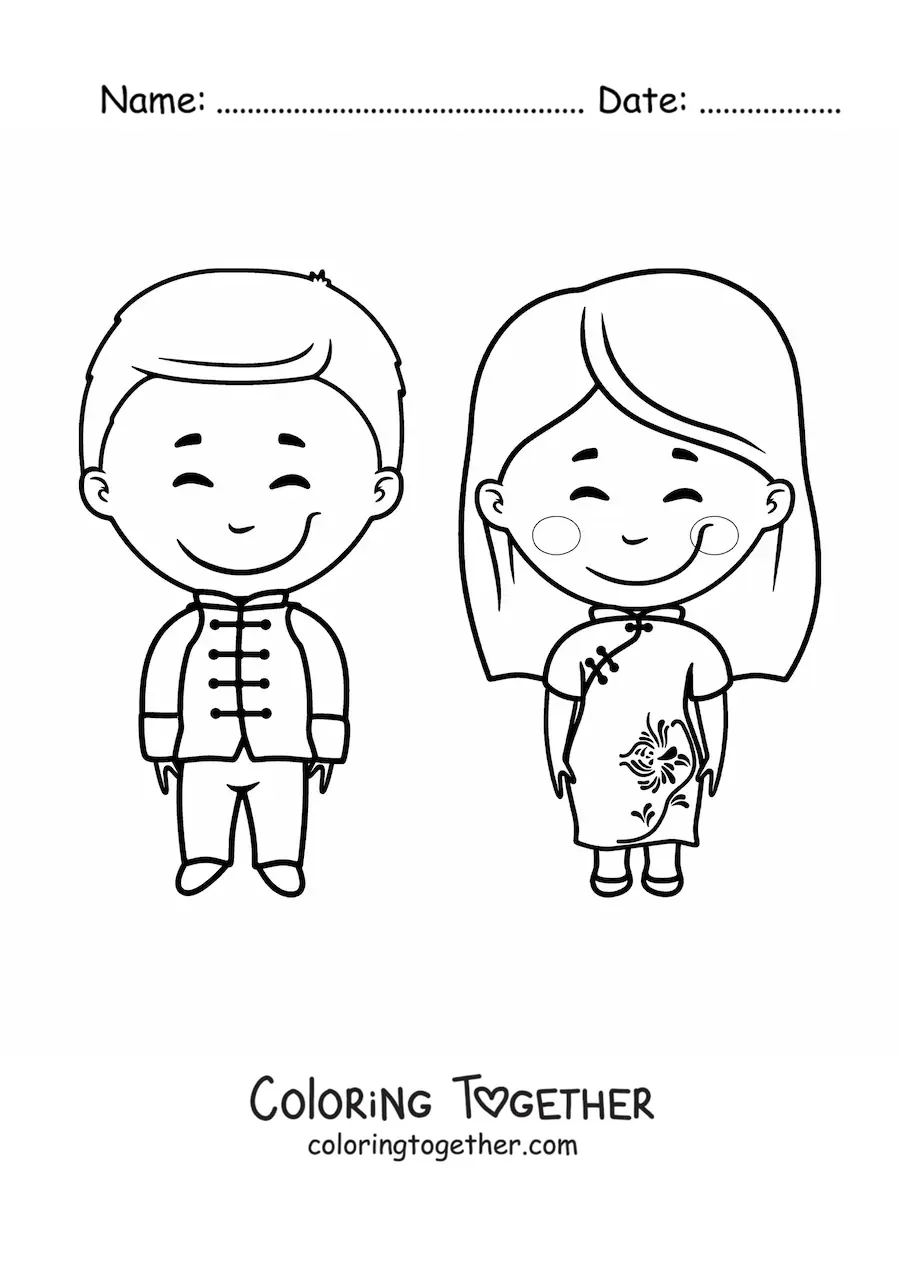 Coloring page of an animated Chinese couple