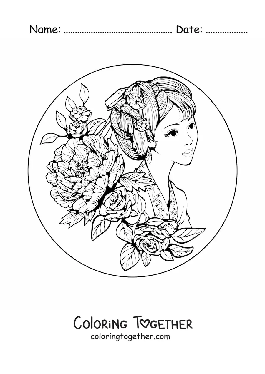 Coloring page of a beautiful Chinese woman
