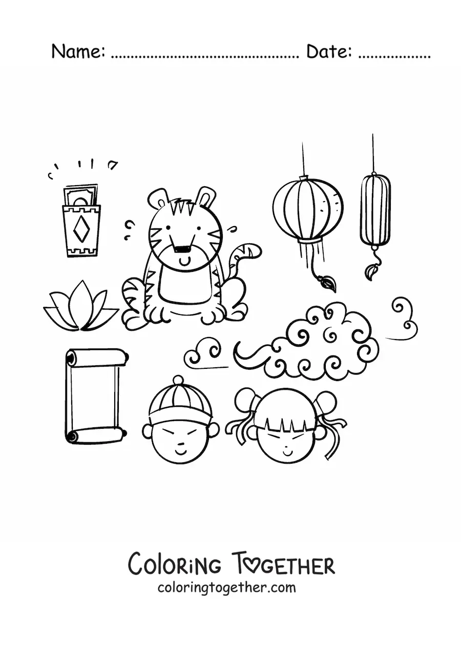 Coloring page of animated elements of Chinese culture
